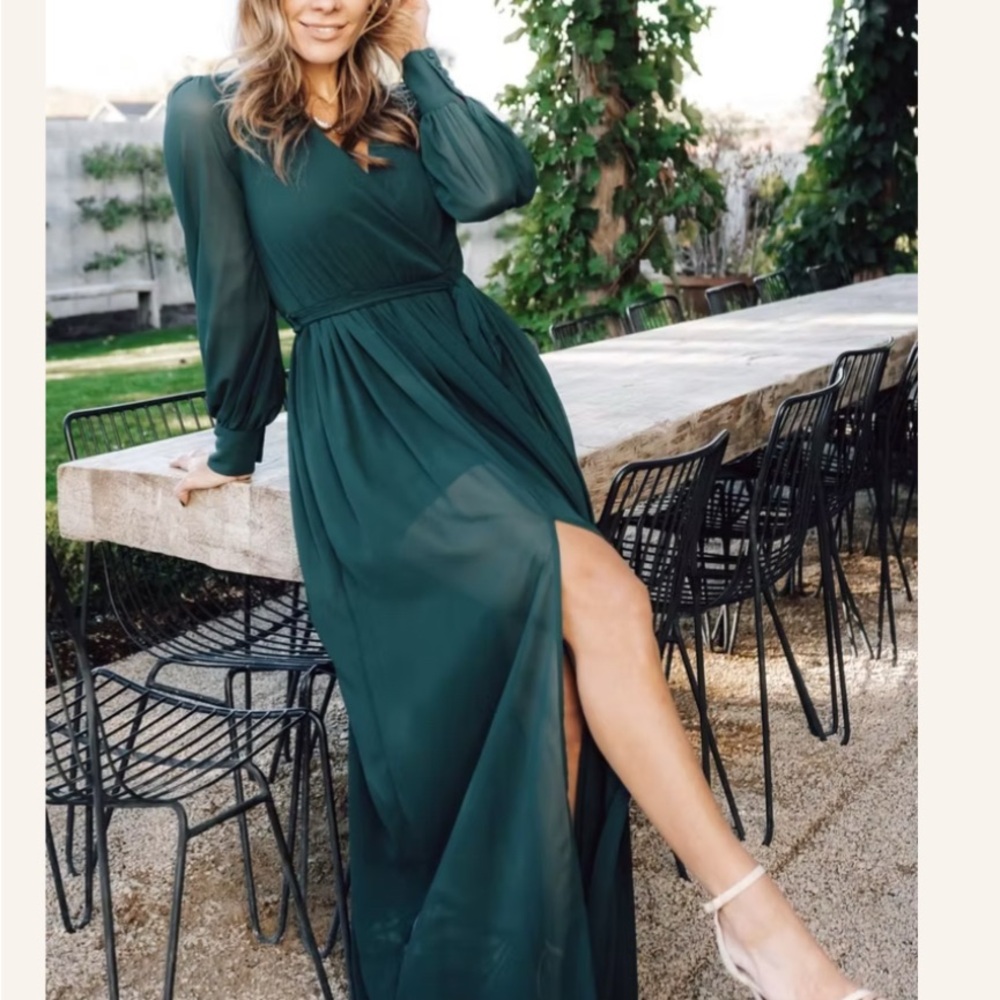 Miss Avenue Emerald Green Wrap Gown with Bishop Sleeves